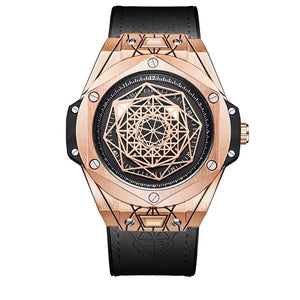 ONOLA 3810 Axis Geometric Dial Leather Strap Quartz Watch Black Rosegold