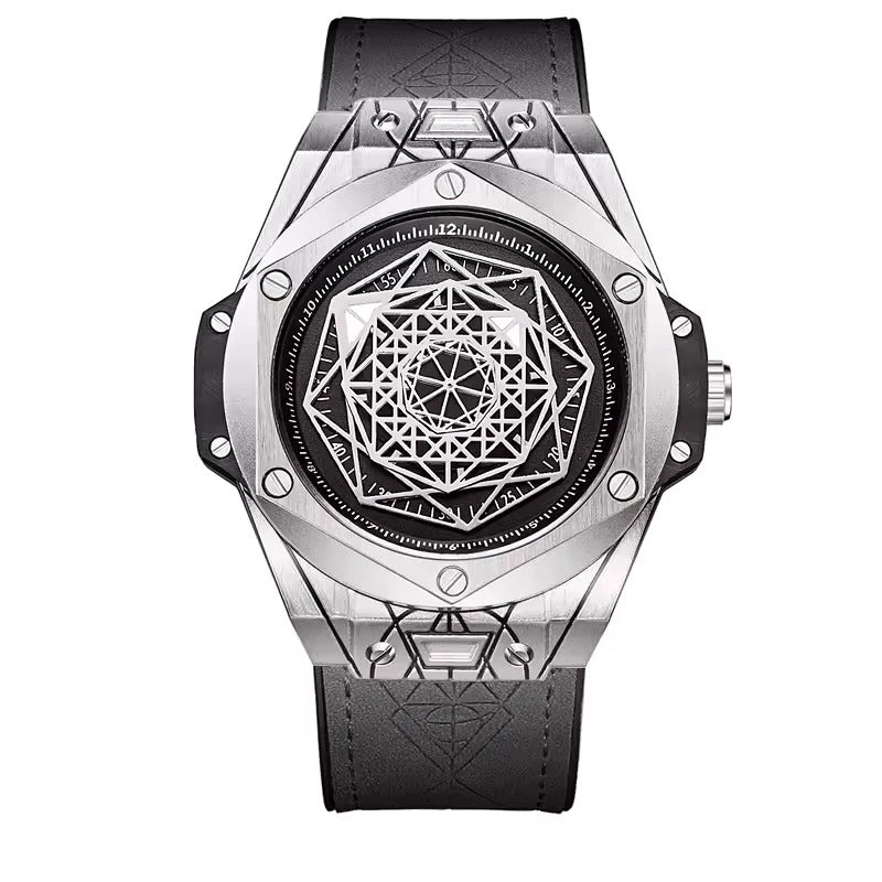 ONOLA 3810 Axis Geometric Dial Leather Strap Quartz Watch Black Silver