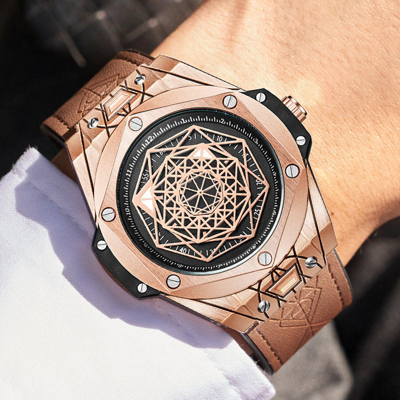 ONOLA 3810 Axis Geometric Dial Leather Strap Quartz Watch Brown Copper