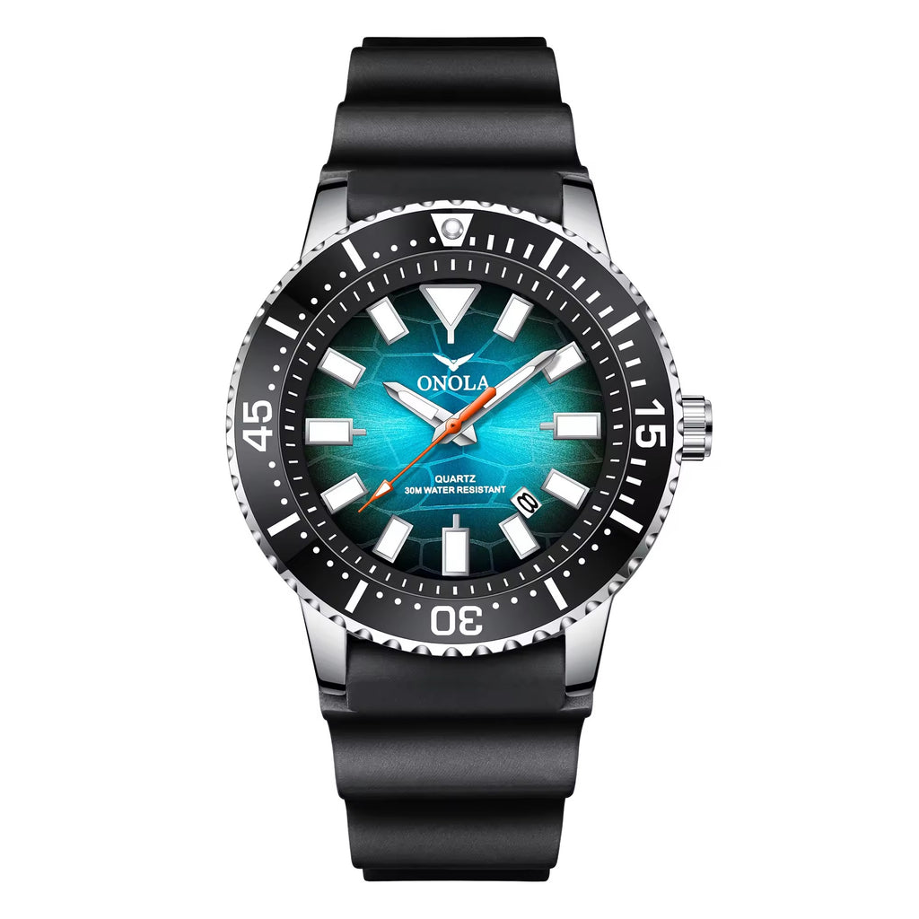 ONOLA 3850 Men's Quartz Waterproof Watch – 42mm Sports Wristwatch Black Cyan