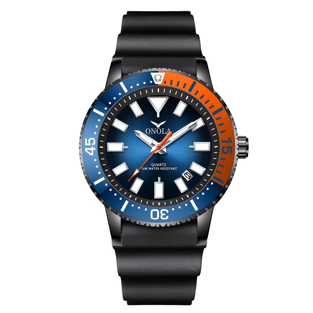 ONOLA 3850 Men's Quartz Waterproof Watch – 42mm Sports Wristwatch Black Orange