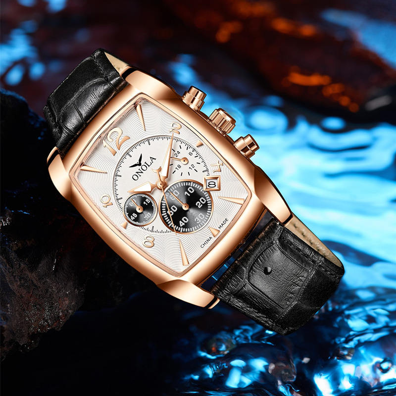 ONOLA 6818 Heritage Square Dial Quartz Leather Strap Alloy Case Watch For Men Black Copper Waterproof