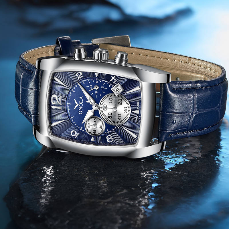 ONOLA 6818 Heritage Square Dial Quartz Leather Strap Alloy Case Watch For Men Blue Silver