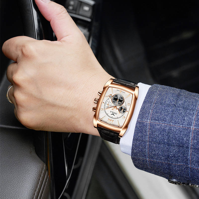 ONOLA 6818 Heritage Square Dial Quartz Leather Strap Alloy Case Watch For Men Black Copper Wrist View