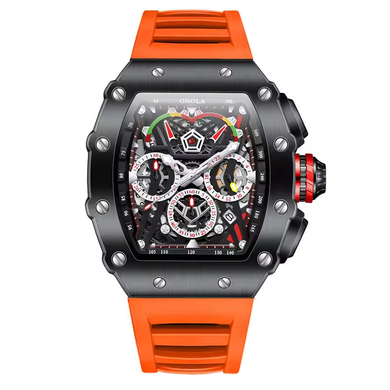 ONOLA 6827 Apex Torque Quartz Chronograph Watch Black Orange