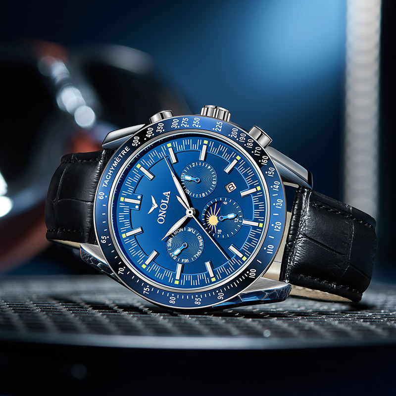 ONOLA 6835 Automatic Chronograph-Style Mechanical Watch for Men Black Blue