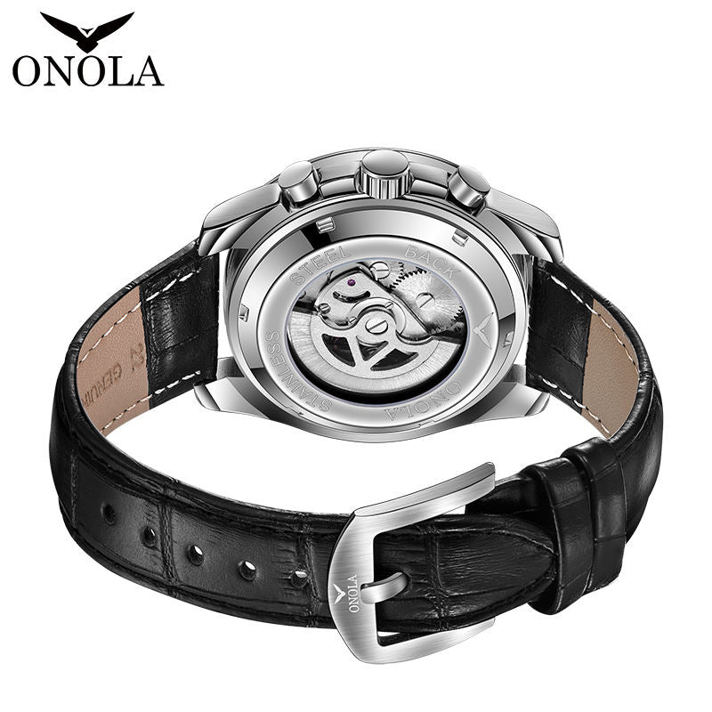 ONOLA 6835 Automatic Chronograph-Style Mechanical Watch for Men Black Silver