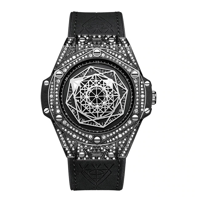 ONOLA Big Bang Pavé Quartz Leather Strap Watch All Black