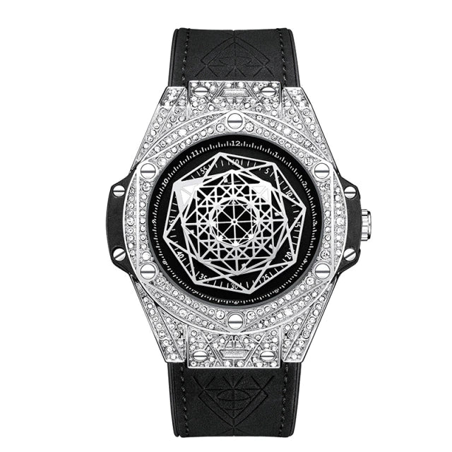 ONOLA Big Bang Pavé Quartz Leather Strap Watch Black Silver