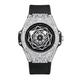 ONOLA Big Bang Pavé Quartz Leather Strap Watch Black Silver