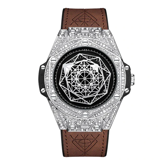 ONOLA Big Bang Pavé Quartz Leather Strap Watch Brown Silver