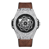 ONOLA Big Bang Pavé Quartz Leather Strap Watch Brown Silver