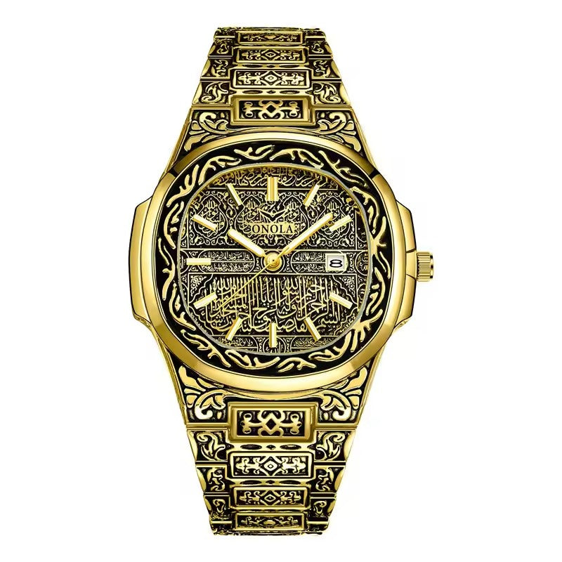 Onola 3808 Luxury Gold Plated Arabic Style Watch for Men | Quartz Movement Retro Engraved Design | 30m Water Resistant