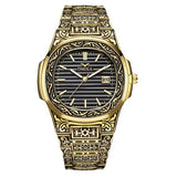 Onola 3808 Luxury Gold Plated Arabic Style Watch for Men | Quartz Movement Retro Engraved Design | 30m Water Resistant Gold Black