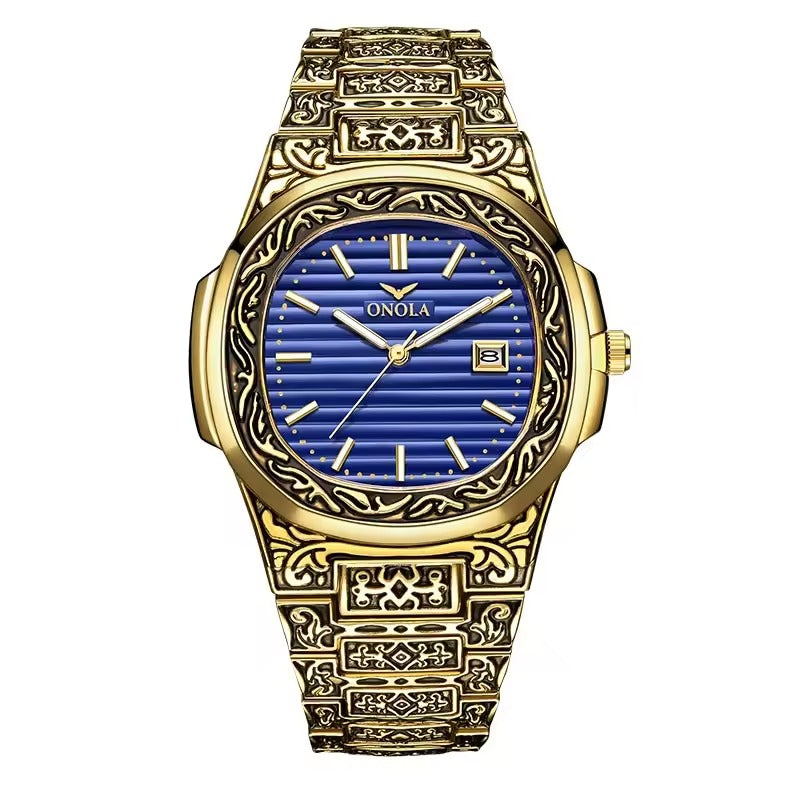 Onola 3808 Luxury Gold Plated Arabic Style Watch for Men | Quartz Movement Retro Engraved Design | 30m Water Resistant Gold Blue