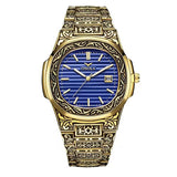 Onola 3808 Luxury Gold Plated Arabic Style Watch for Men | Quartz Movement Retro Engraved Design | 30m Water Resistant Gold Blue
