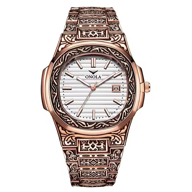 Onola 3808 Luxury Gold Plated Arabic Style Watch for Men | Quartz Movement Retro Engraved Design | 30m Water Resistant RoseGold white