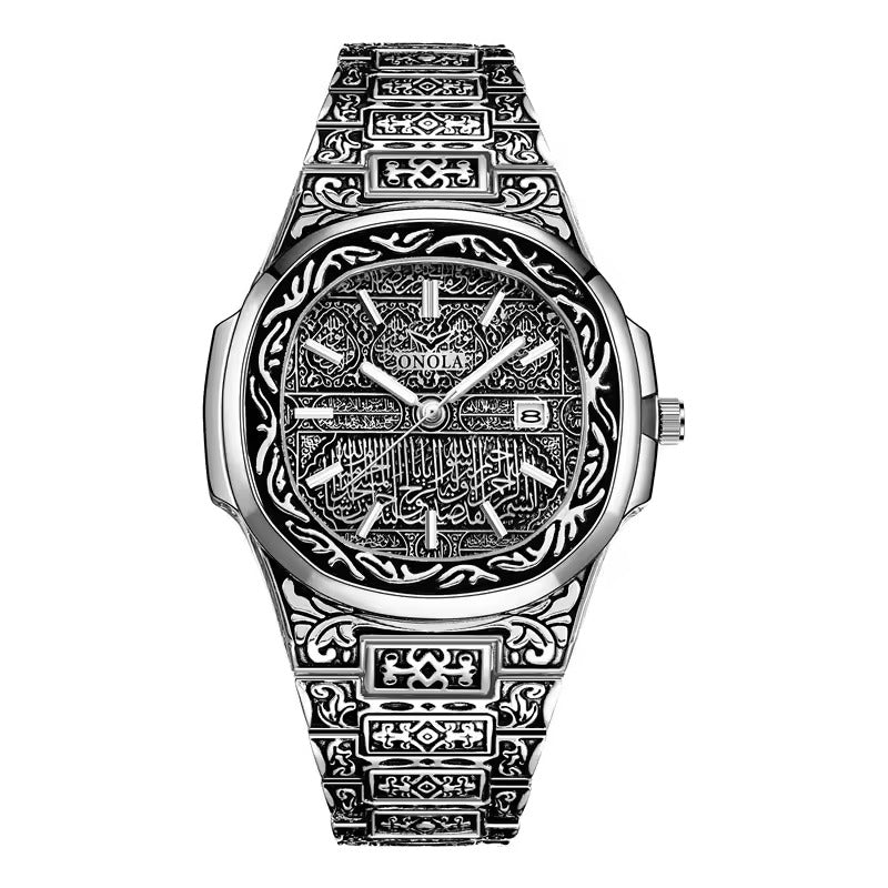 Onola 3808 Luxury Gold Plated Arabic Style Watch for Men | Quartz Movement Retro Engraved Design | 30m Water Resistant Silver