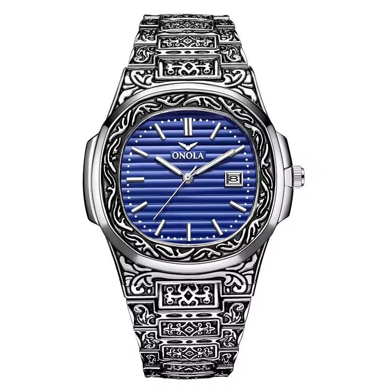 Onola 3808 Luxury Gold Plated Arabic Style Watch for Men | Quartz Movement Retro Engraved Design | 30m Water Resistant Silver Blue