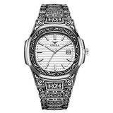 Onola 3808 Luxury Gold Plated Arabic Style Watch for Men | Quartz Movement Retro Engraved Design | 30m Water Resistant Silver white