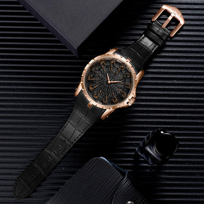 Onola 3809 Leather Strap Warrior Round Dial Men's Watch Black Rosegold Full View