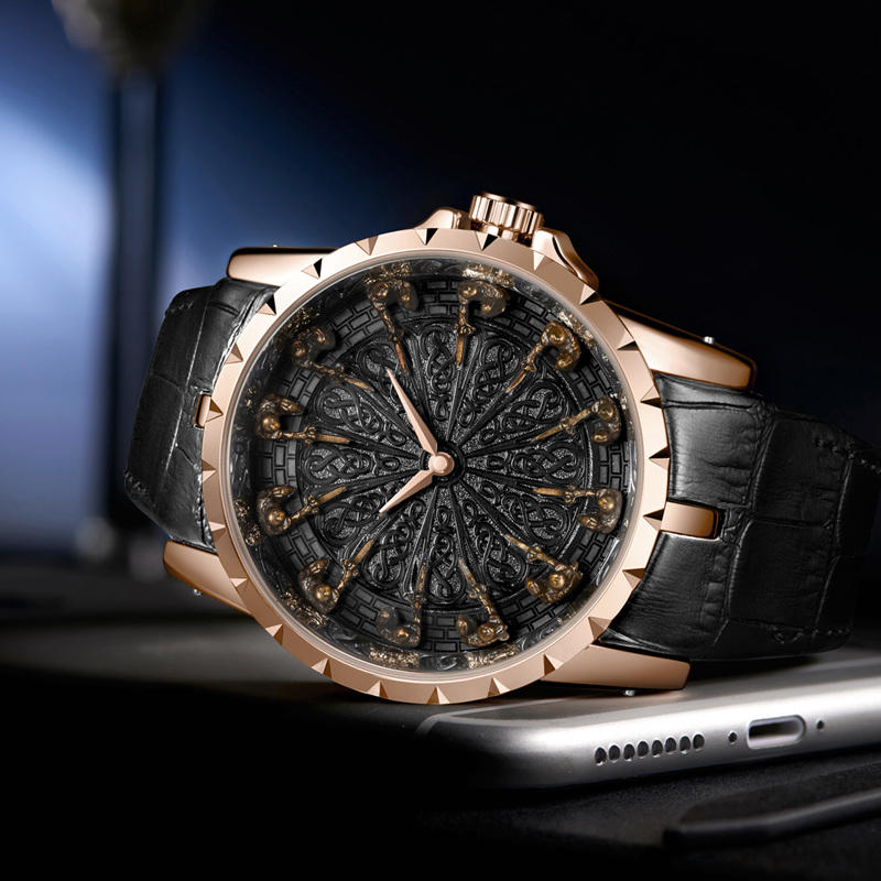 Onola 3809 Leather Strap Warrior Round Dial Men's Watch Black Rosegold Tilt View
