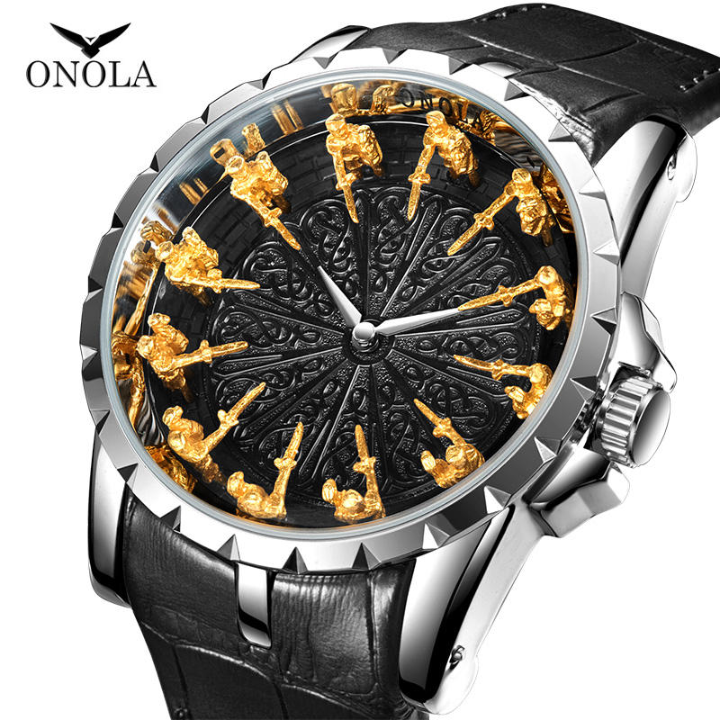 Onola 3809 Leather Strap Warrior Round Dial Men's Watch Black Silver Gold
