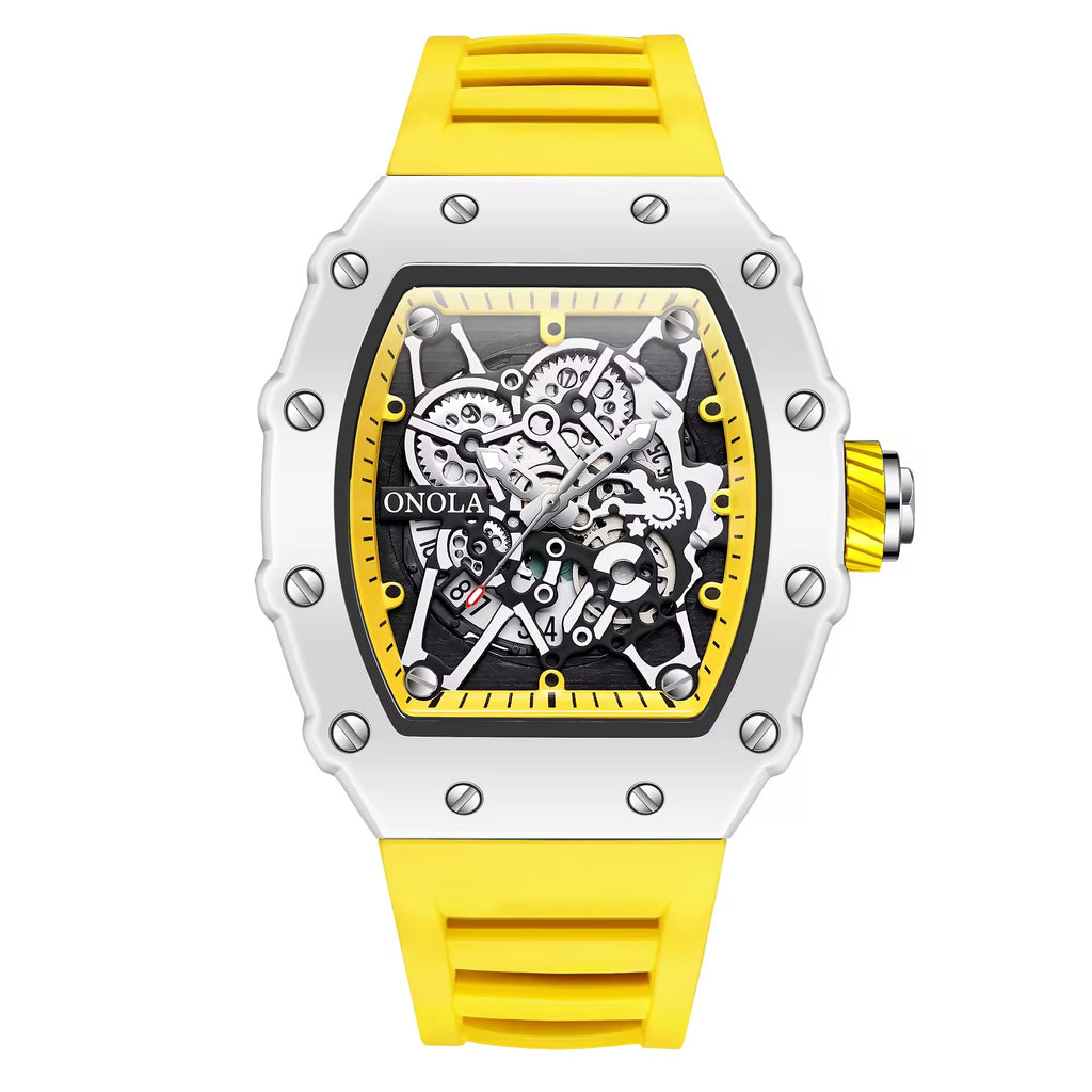 Onola 3827W Sport Luxury Quartz Watch for Men | Square Dial | Silicone Strap | 44mm Water Resistant Watch Yellow