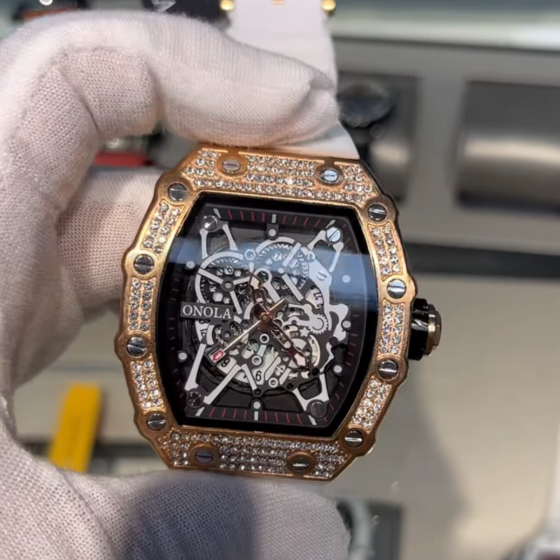 Luxury watch with rose gold case and diamond accents