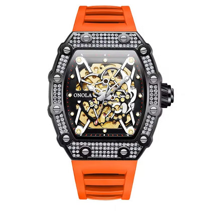 Onola 3829D Quartz Skeleton-Style Watch for Men Black Orange