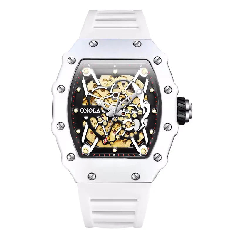 Onola 3829 Automatic Skeleton Watch for Men | Luxury Tonneau Dial | Silicone Strap | Mechanical Watch