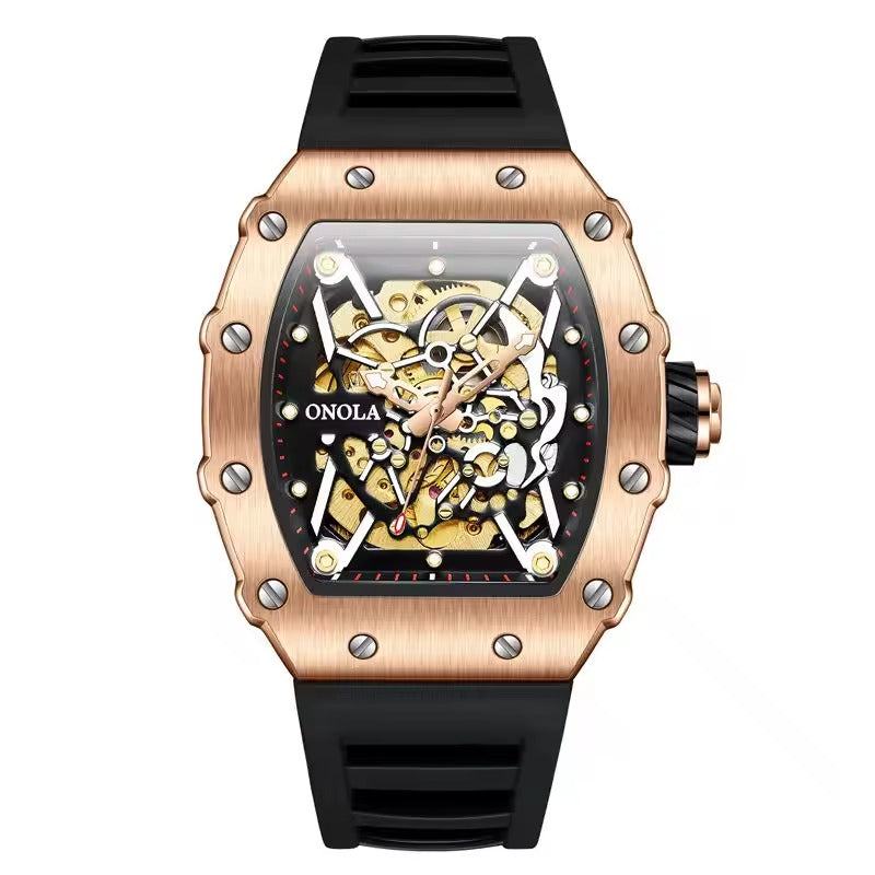 Onola 3829 Automatic Skeleton Watch for Men | Luxury Tonneau Dial | Silicone Strap | Mechanical Watch