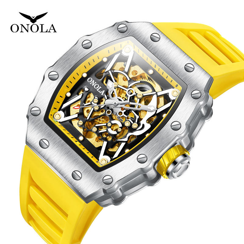 Onola 3829 Automatic Skeleton Watch for Men Yellow Silver