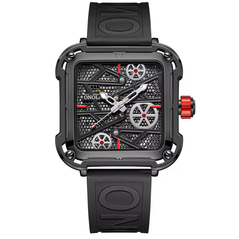 Onola 3831 Skeleton Automatic Watch for Men | Square Dial | Silicone Strap | Luxury Quartz Watch Black