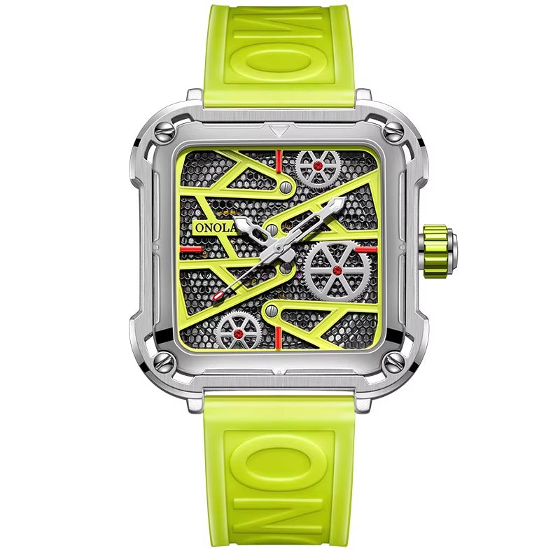 Onola 3831 Skeleton Automatic Watch for Men | Square Dial | Silicone Strap | Luxury Quartz Watch Green Main