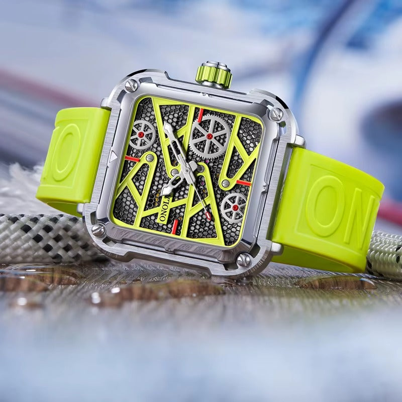 Onola 3831 Skeleton Automatic Watch for Men | Square Dial | Silicone Strap | Luxury Quartz Watch Green Side View