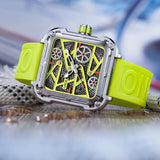 Onola 3831 Skeleton Automatic Watch for Men | Square Dial | Silicone Strap | Luxury Quartz Watch Green Side View