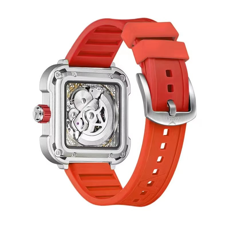 Onola 3831 Skeleton Automatic Watch for Men | Square Dial | Silicone Strap | Luxury Quartz Watch Red Back View