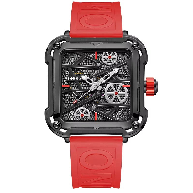 Onola 3831 Skeleton Automatic Watch for Men | Square Dial | Silicone Strap | Luxury Quartz Watch Red Black