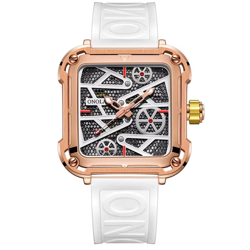 Onola 3831 Skeleton Automatic Watch for Men | Square Dial | Silicone Strap | Luxury Quartz Watch White Copper