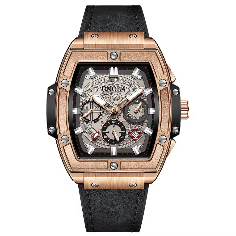 Onola 6819 Luxury Leather Watch for Men Black Rosegold