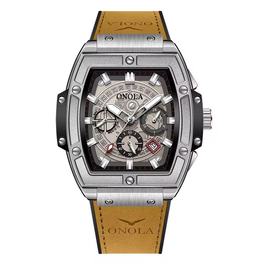 Onola 6819 Luxury Leather Watch for Men Brown Silver