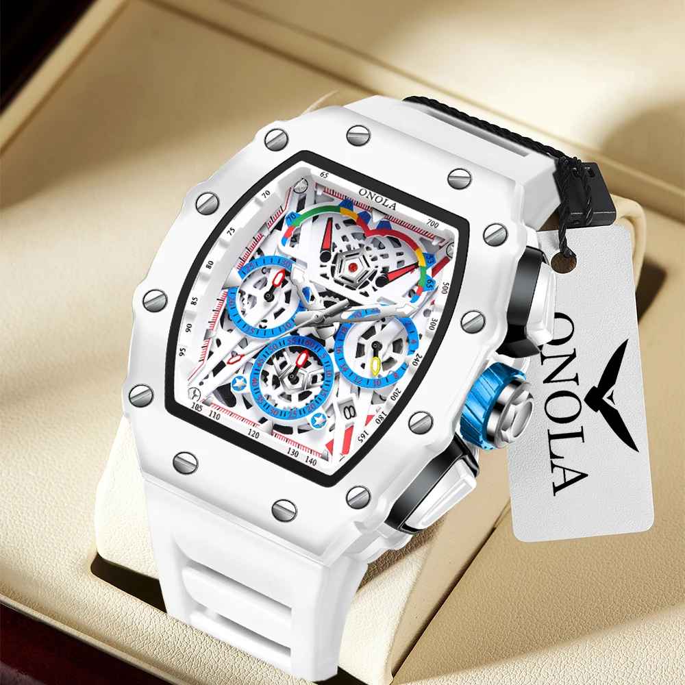 Onola 6827W Tonneau Sports Luxury Watch White Case View