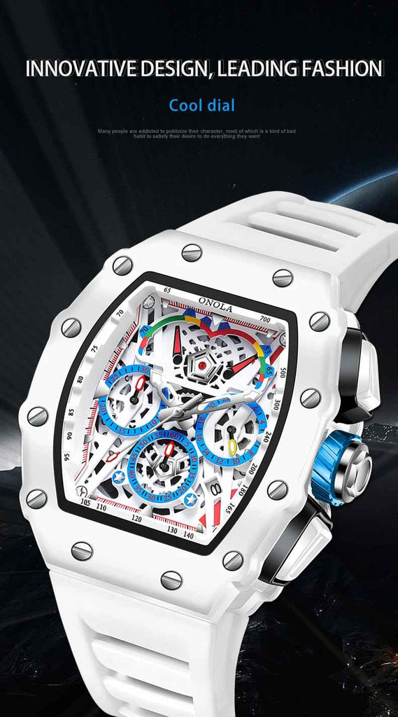 Onola 6827W Tonneau Sports Luxury Watch White Side VIew Cool Dial