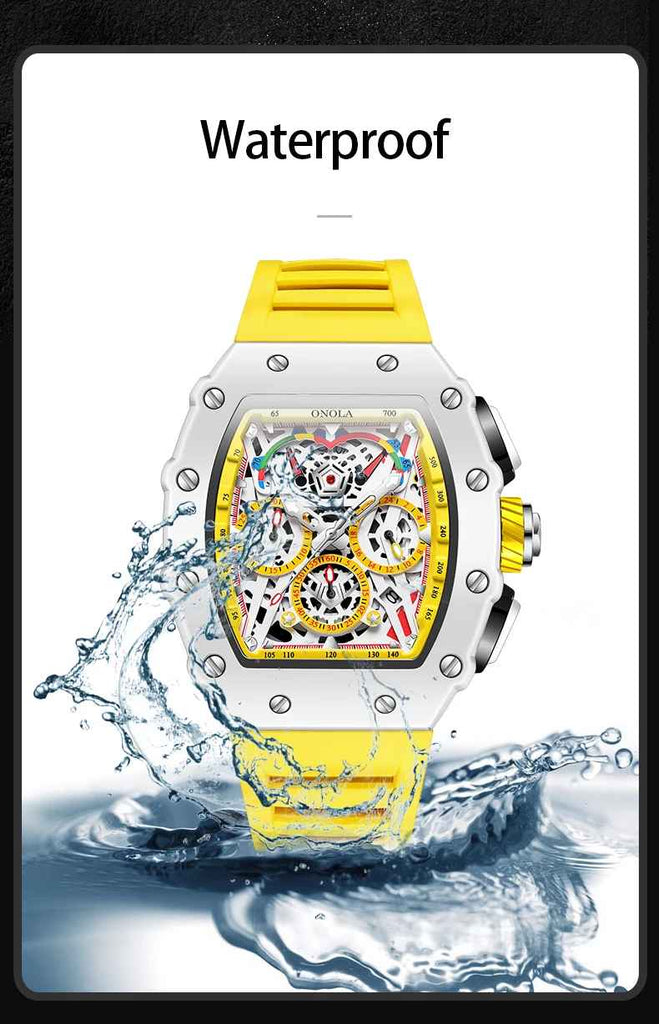 Onola 6827W Tonneau Sports Luxury Watch for Men Yellow Waterproof