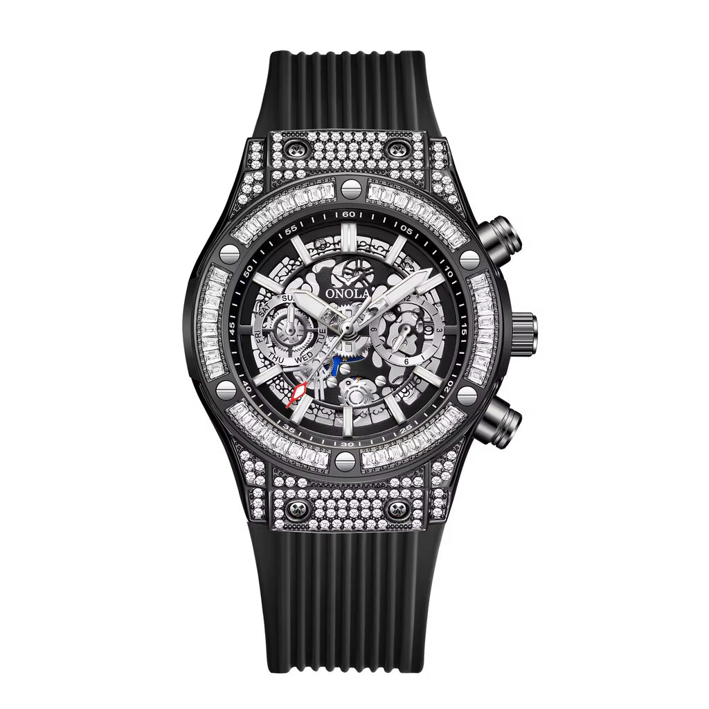 Onola 6838 Round Dial Diamond Studded Quartz Chronograph Watch for Men | Skeleton Dial Look | Silicone Strap