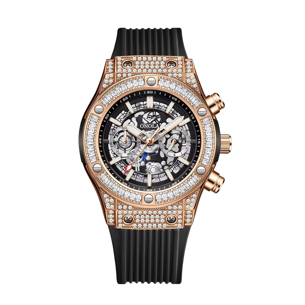 Onola 6838 Round Dial Diamond Studded Quartz Chronograph Watch for Men | Skeleton Dial Look | Silicone Strap