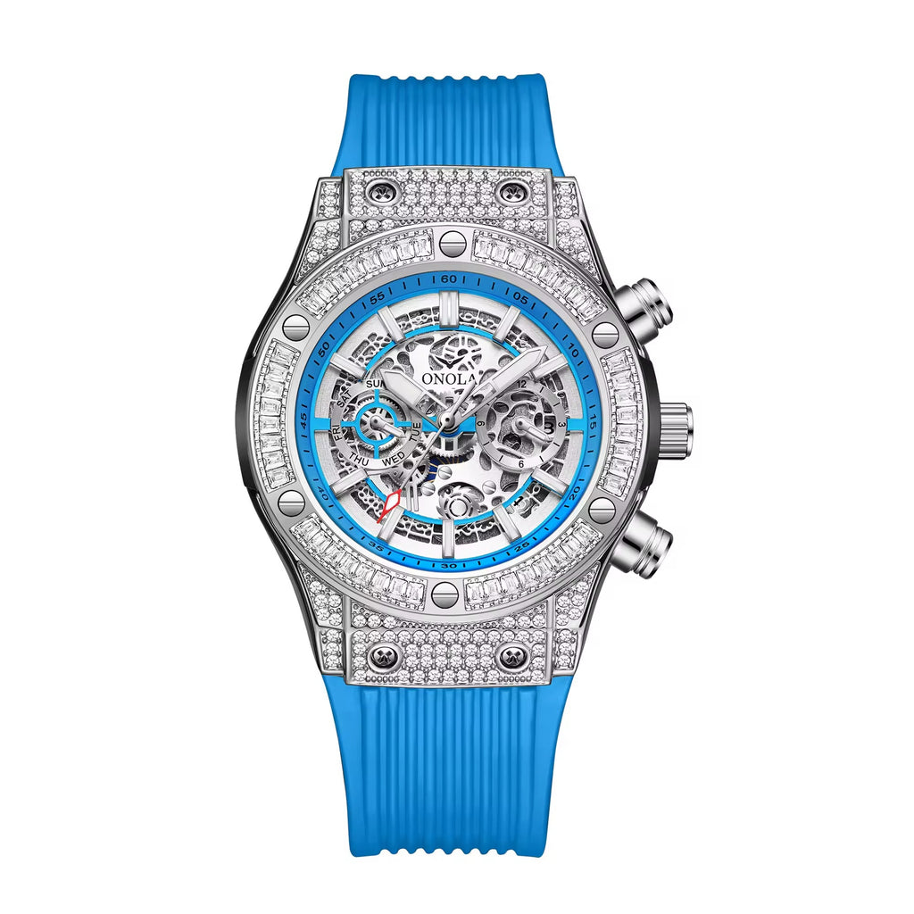 Onola 6838 Round Dial Diamond Studded Quartz Chronograph Watch for Men | Skeleton Dial Look | Silicone Strap