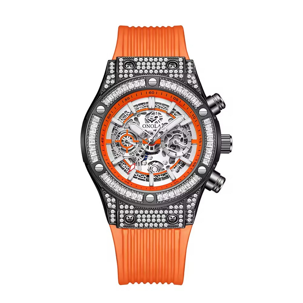 Onola 6838 Round Dial Diamond Studded Quartz Chronograph Watch for Men | Skeleton Dial Look | Silicone Strap Orange