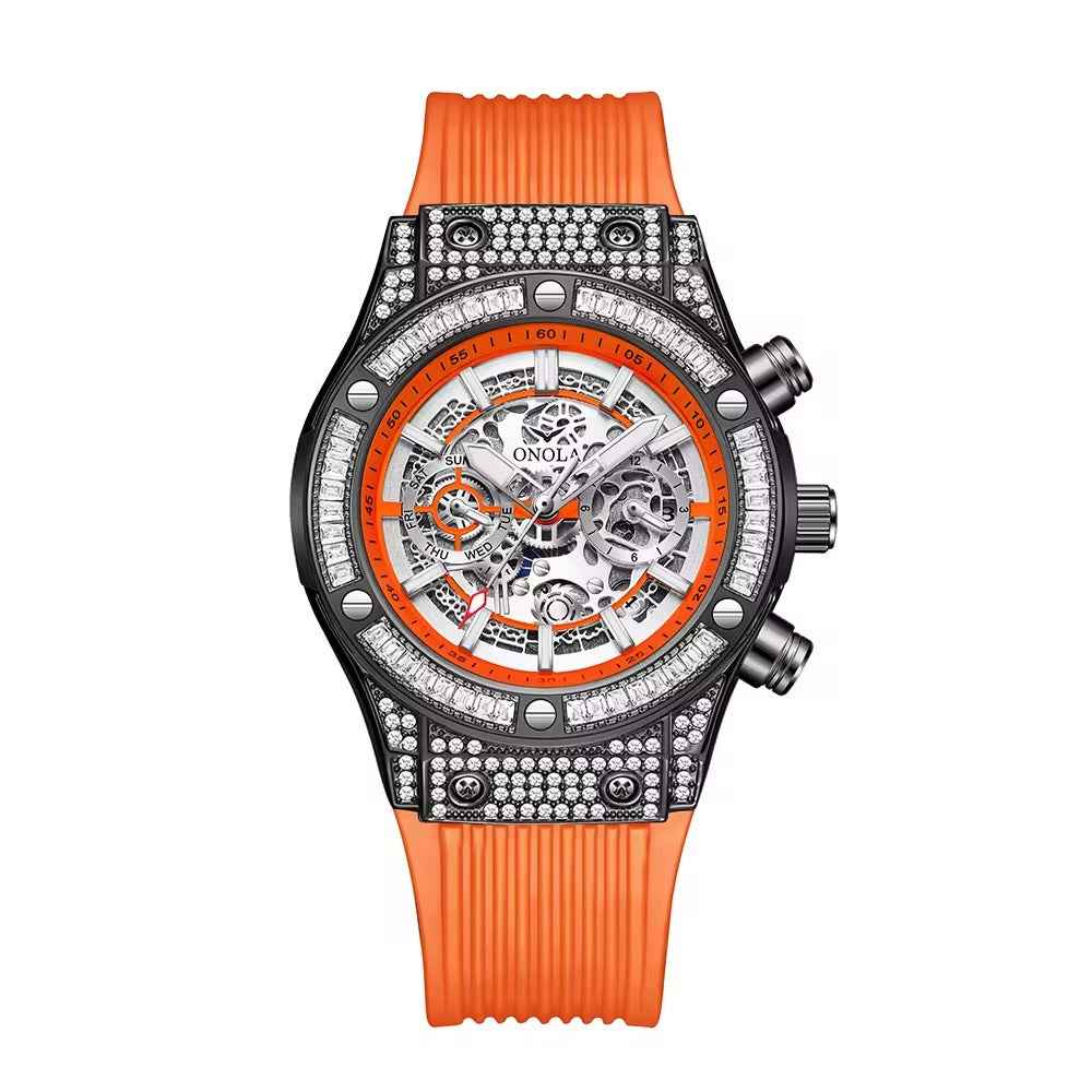 Onola 6838 Round Dial Diamond Studded Quartz Chronograph Watch for Men | Skeleton Dial Look | Silicone Strap
